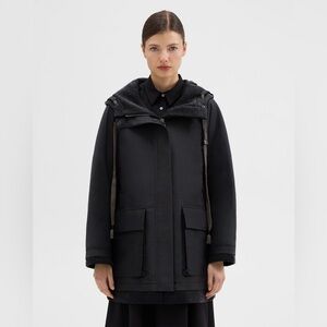 Theory Size Large Black Oversized Wool Blend Hooded Parka Hooded Trench Coat